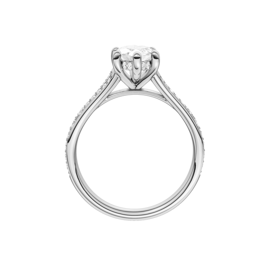 A profile view of the Marquise cut diamond engagement ring in 14k white gold with a diamond channel band and split setting
