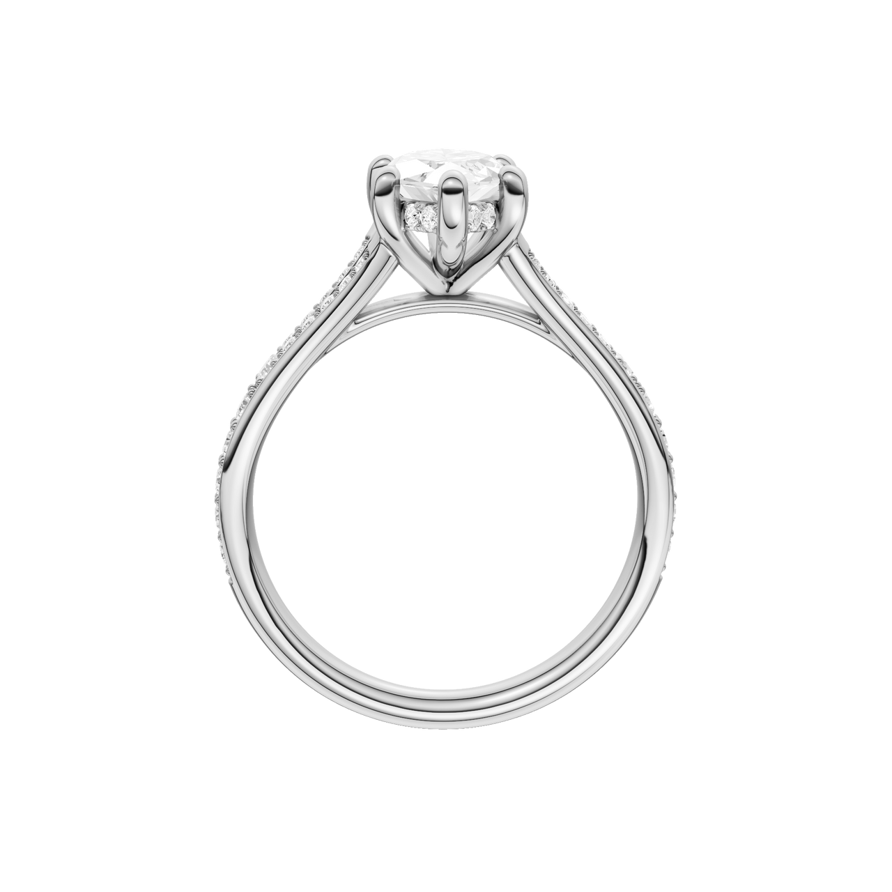 A profile view of the Marquise cut diamond engagement ring in 14k white gold with a diamond channel band and split setting