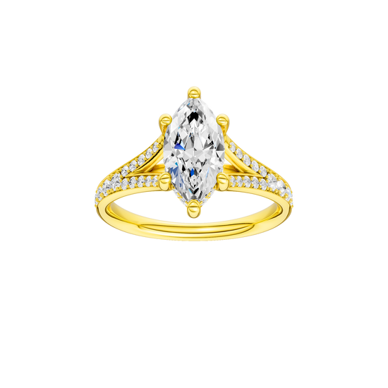 A front view of the Marquise cut diamond engagement ring in 14k yellow gold with a diamond channel band and split setting