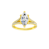 A front view of the Marquise cut diamond engagement ring in 14k yellow gold with a diamond channel band and split setting