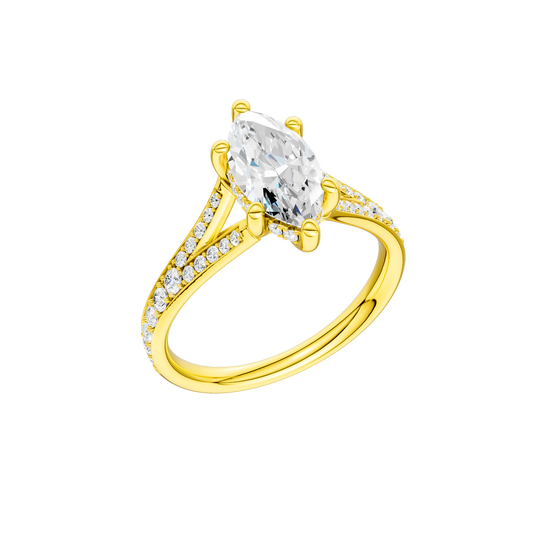 A three-quarter view of the Marquise cut diamond engagement ring in 14k yellow gold with a diamond channel band and split setting