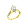 A three-quarter view of the Marquise cut diamond engagement ring in 14k yellow gold with a diamond channel band and split setting