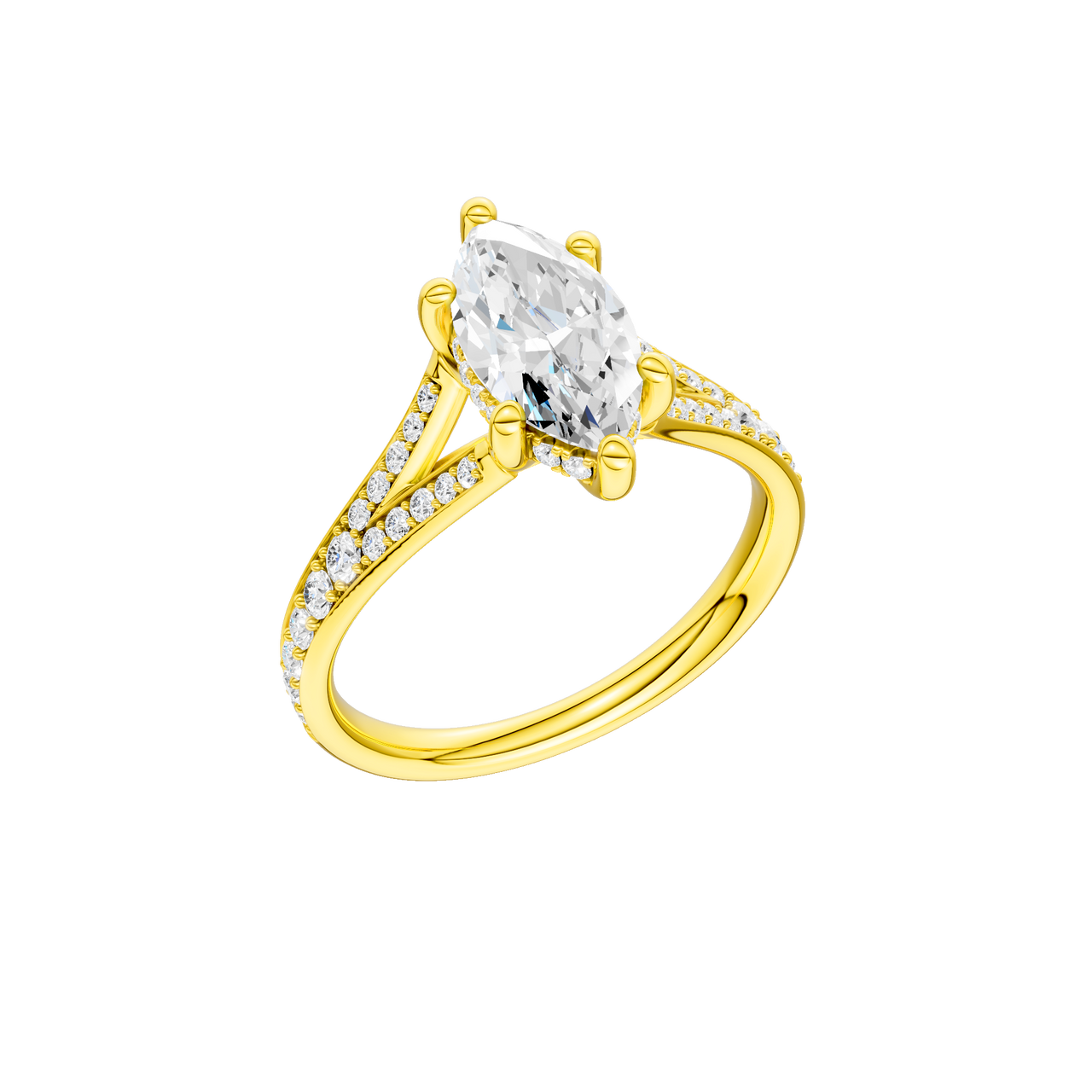A three-quarter view of the Marquise cut diamond engagement ring in 14k yellow gold with a diamond channel band and split setting