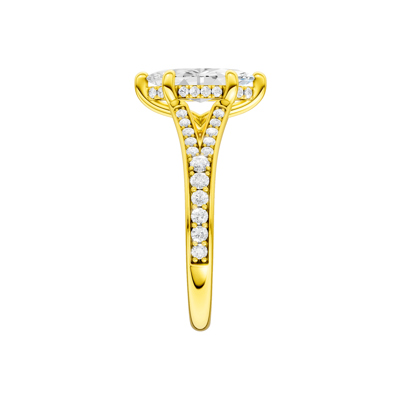 A side view of the Marquise cut diamond engagement ring in 14k yellow gold with a diamond channel band and split setting
