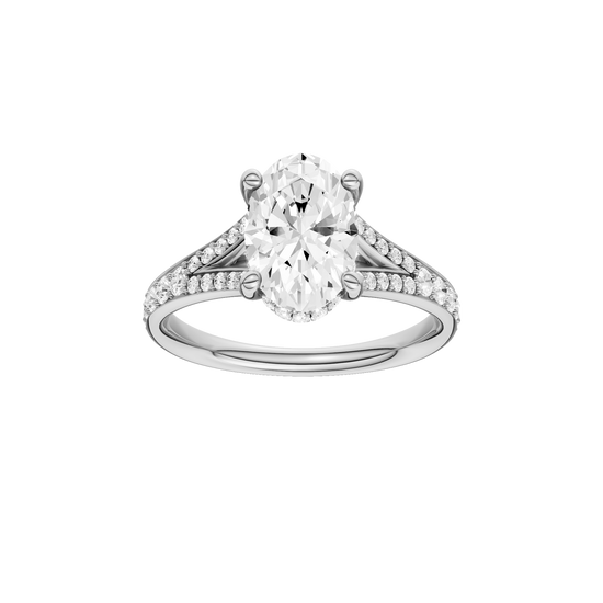 A front view of the Oval cut diamond engagement ring in 14k white gold with a channel band and hidden halo setting