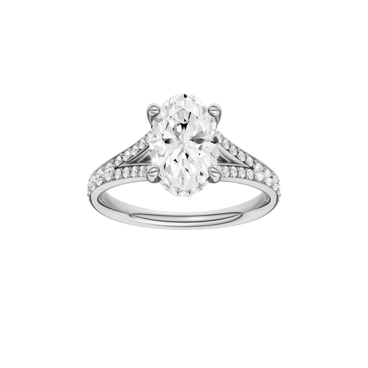 A front view of the Oval cut diamond engagement ring in 14k white gold with a channel band and hidden halo setting