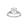 A front view of the Oval cut diamond engagement ring in platinum with a channel band and hidden halo setting