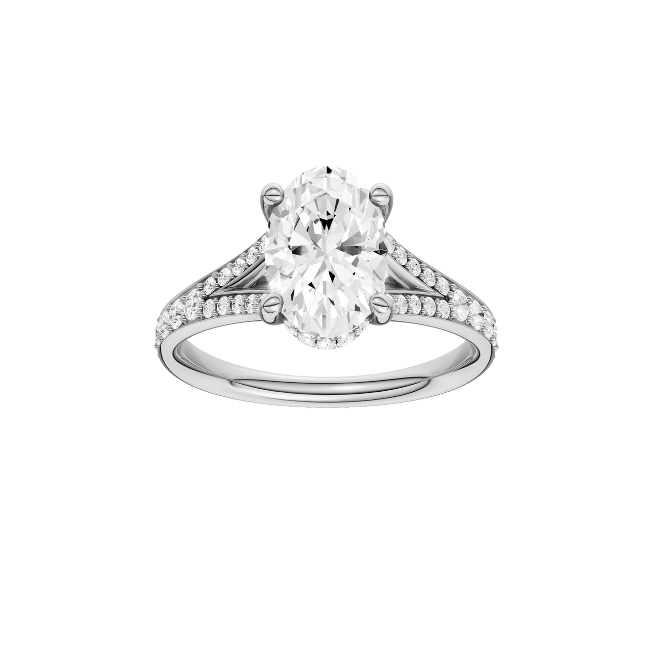 A front view of the Oval cut diamond engagement ring in platinum with a channel band and hidden halo setting