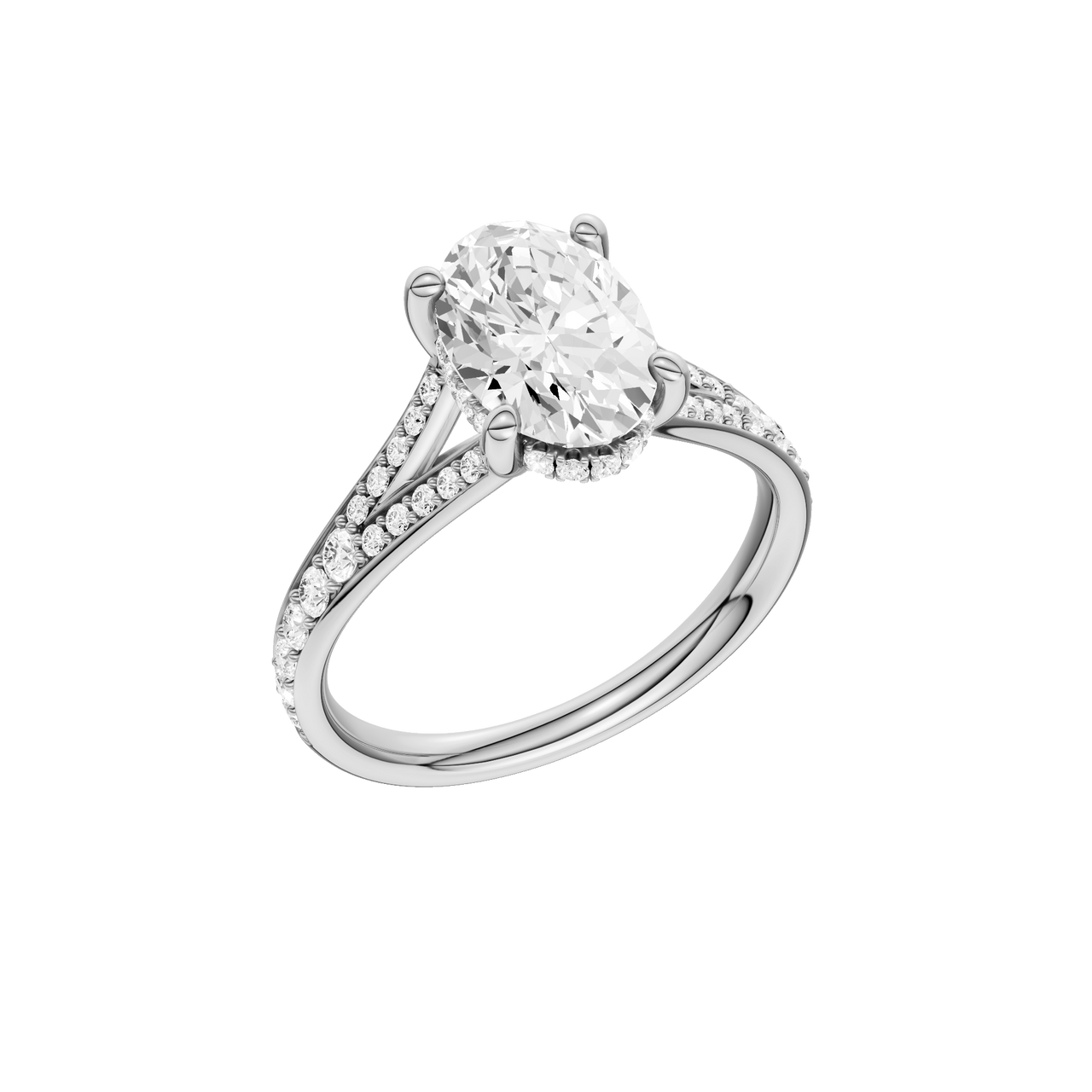A three-quarter view of the Oval cut diamond engagement ring in 14k white gold with a channel band and hidden halo setting