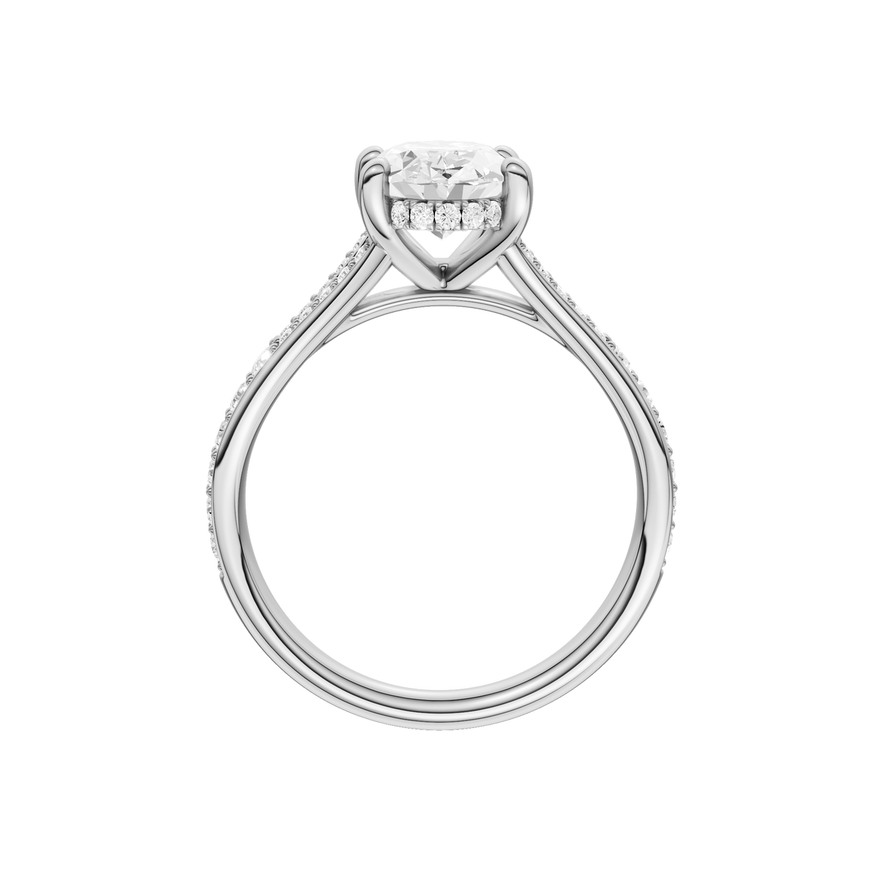 A profile view of the Oval cut diamond engagement ring in 14k white gold with a channel band and hidden halo setting