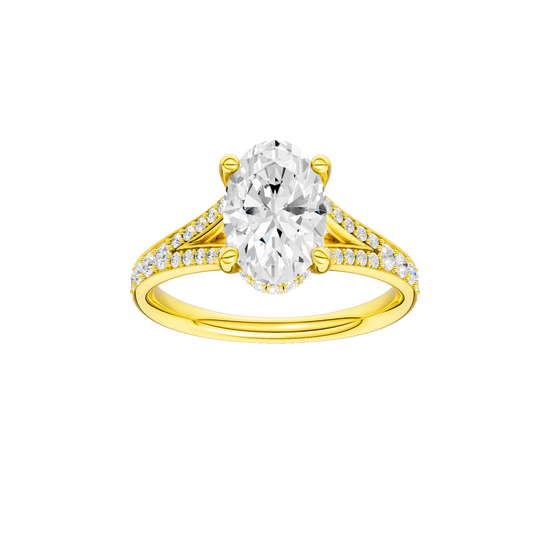 A front view of the Oval cut diamond engagement ring in 14k yellow gold with a channel band and hidden halo setting