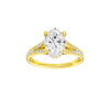 A front view of the Oval cut diamond engagement ring in 14k yellow gold with a channel band and hidden halo setting