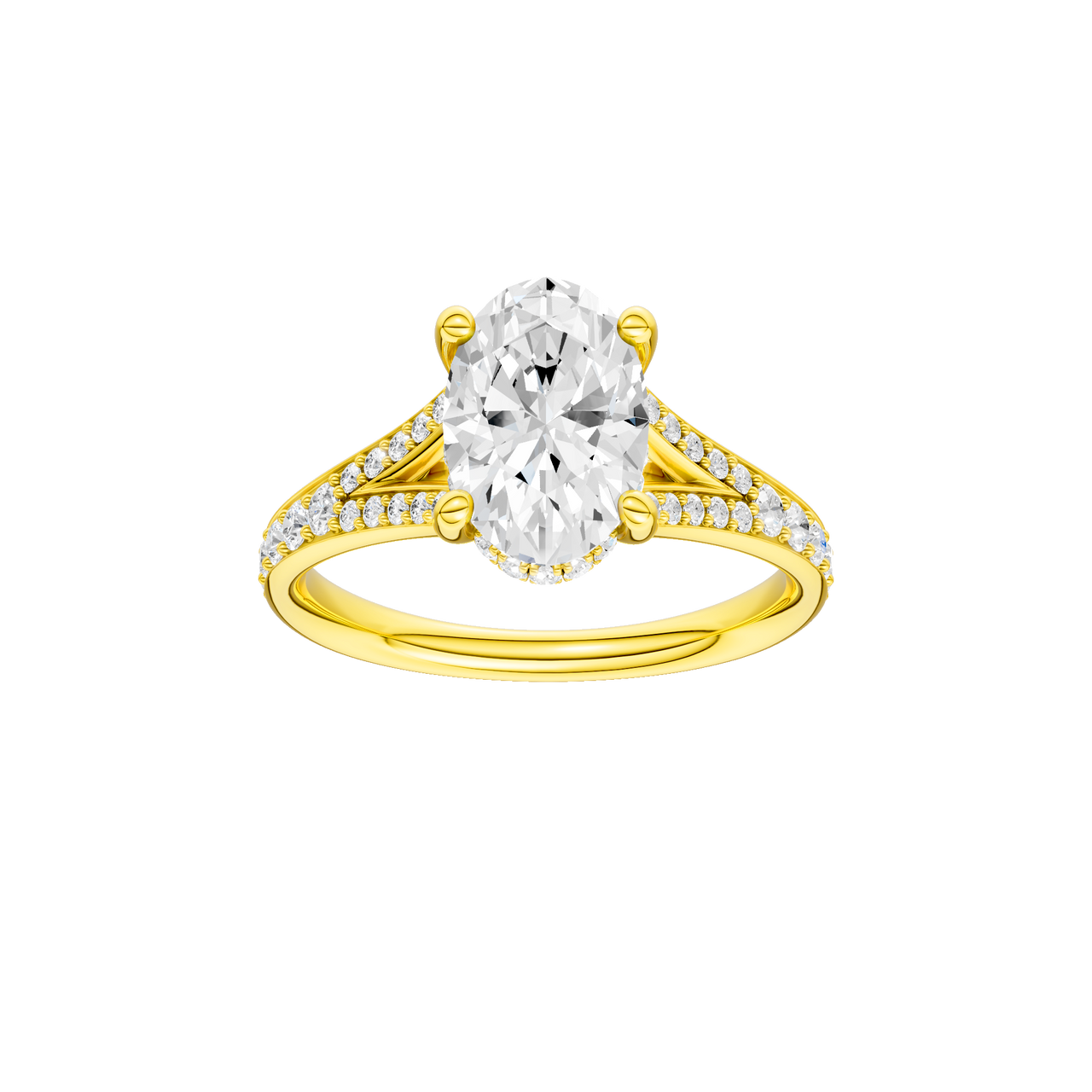 A front view of the Oval cut diamond engagement ring in 14k yellow gold with a channel band and hidden halo setting