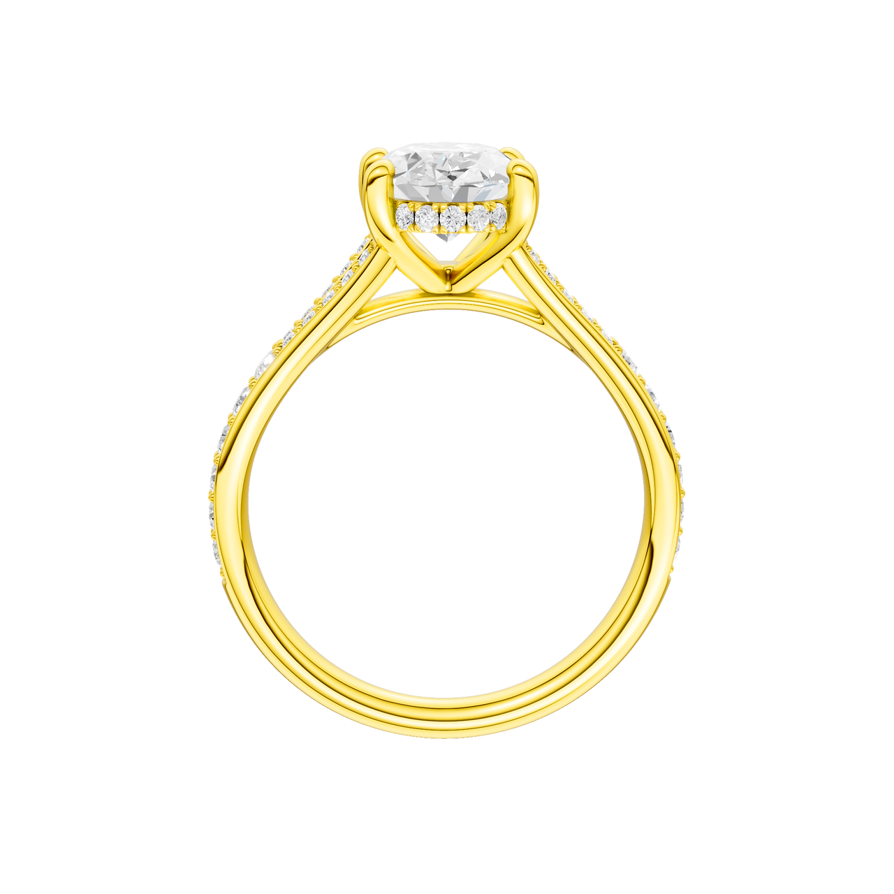 A profile view of the Oval cut diamond engagement ring in 14k yellow gold with a channel band and hidden halo setting
