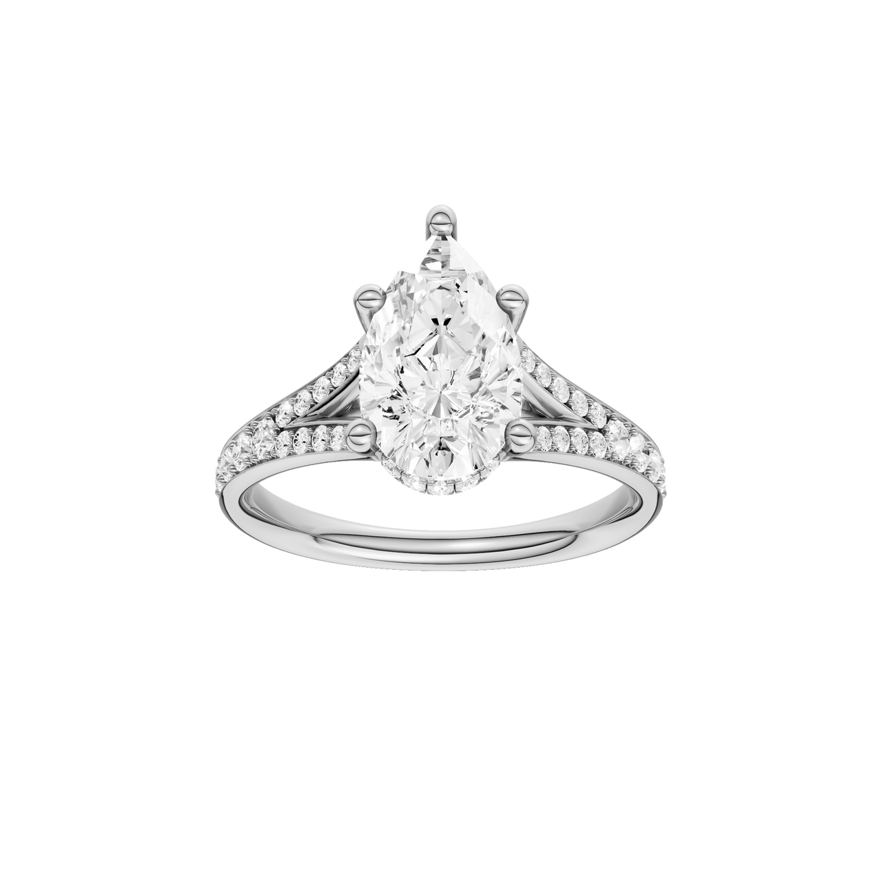 A front view of the Pear cut diamond engagement ring in 14k white gold with a channel band and cathedral setting
