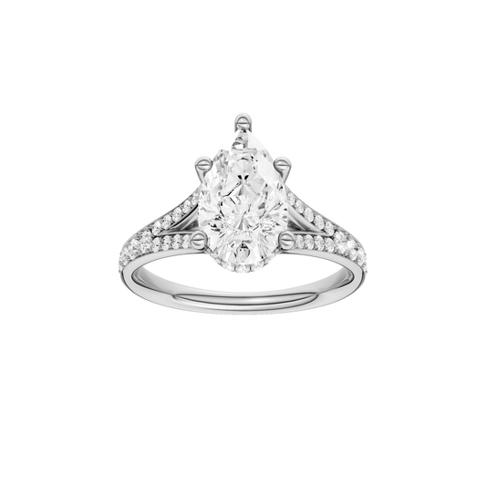 A front view of the Pear cut diamond engagement ring in 14k white gold with a channel band and cathedral setting