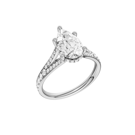 A three-quarter view of the Pear cut diamond engagement ring in platinum with a channel band and cathedral setting