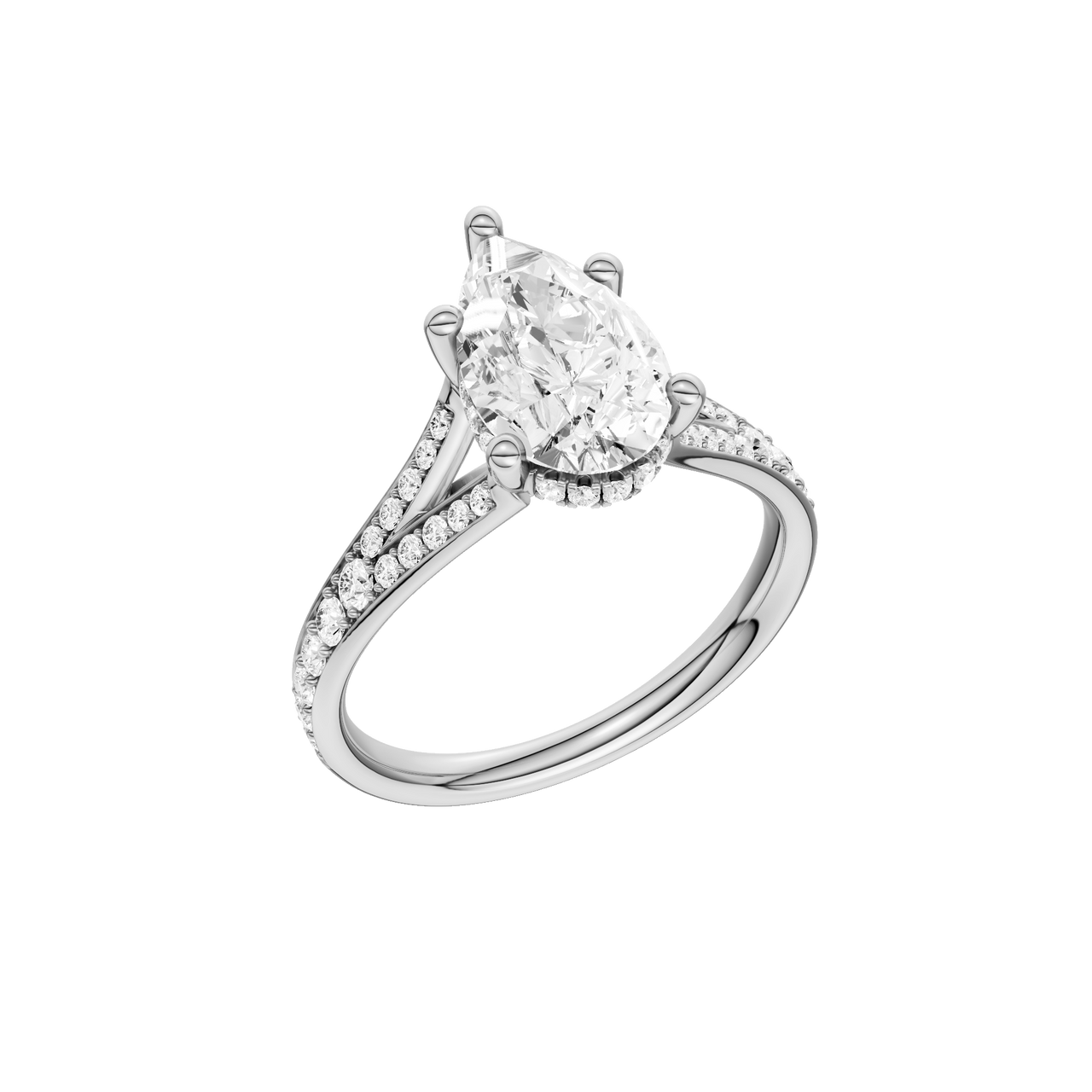 A three-quarter view of the Pear cut diamond engagement ring in 14k white gold with a channel band and cathedral setting