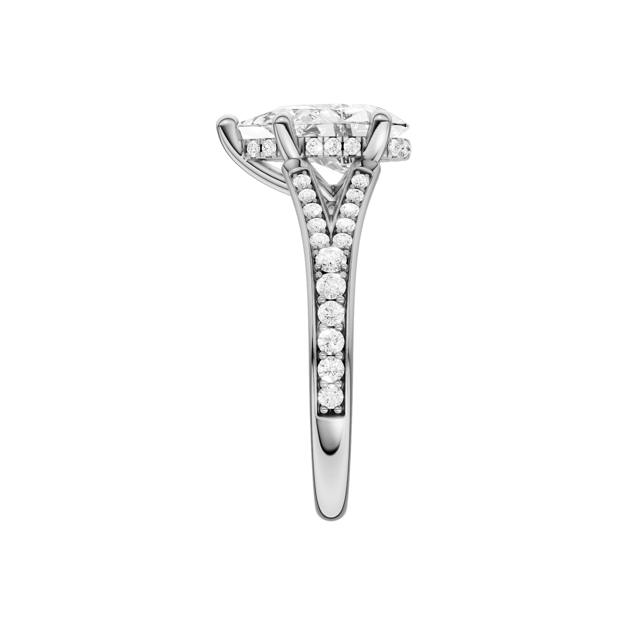 A side view of the Pear cut diamond engagement ring in platinum with a channel band and cathedral setting
