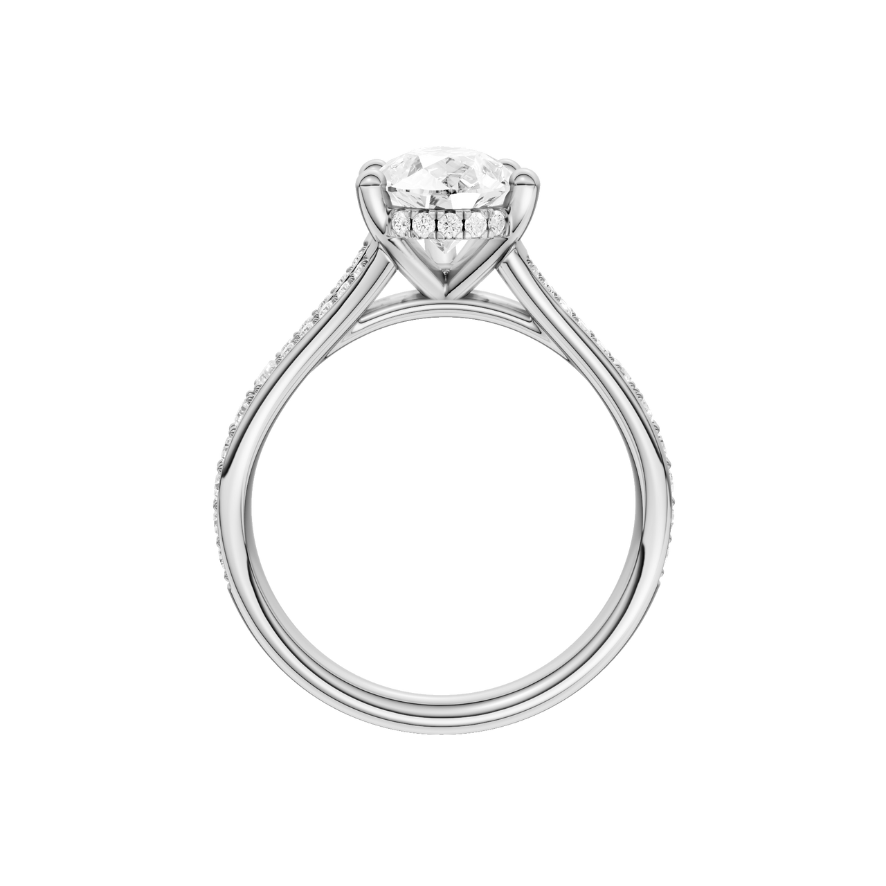 A profile view of the Pear cut diamond engagement ring in platinum with a channel band and cathedral setting