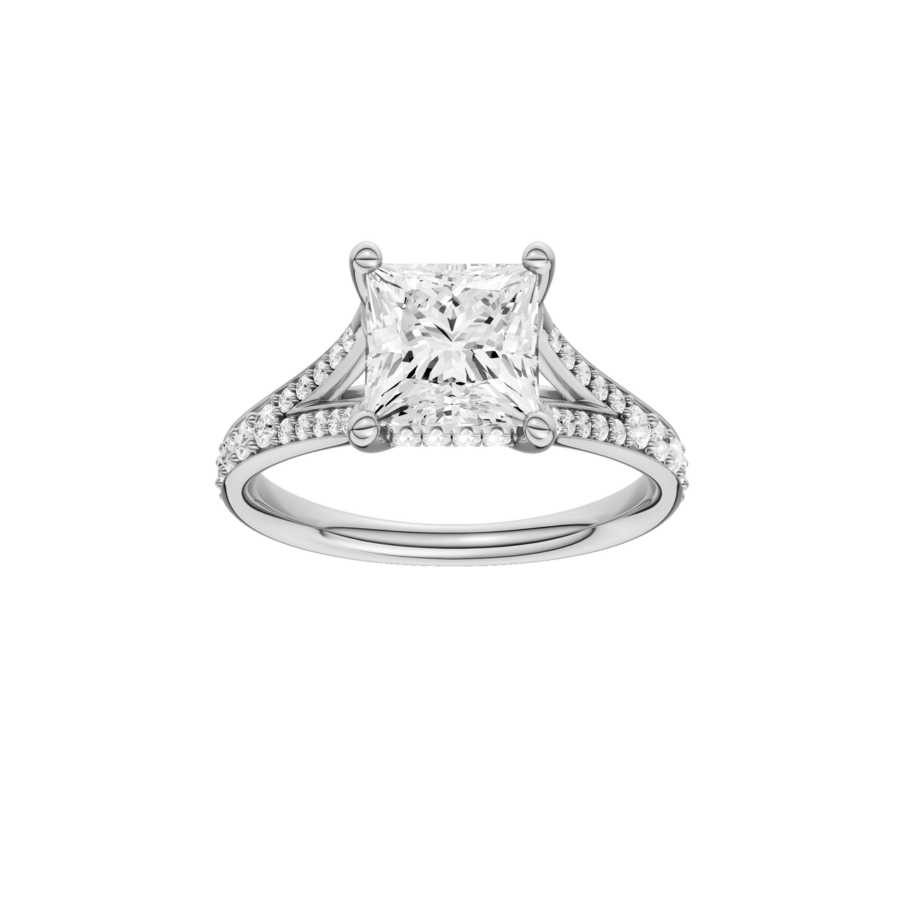 A front view of the Princess cut diamond engagement ring in 14k white gold with a diamond channel band and split setting