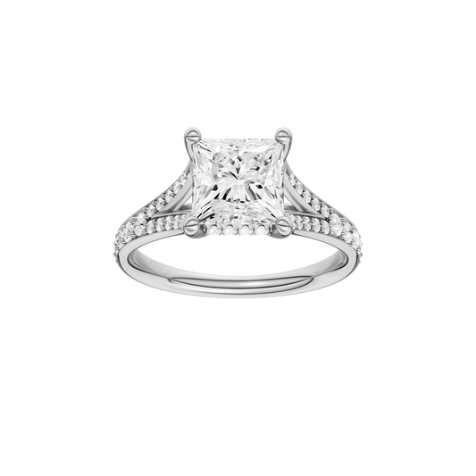 A front view of the Princess cut diamond engagement ring in 14k white gold with a diamond channel band and split setting