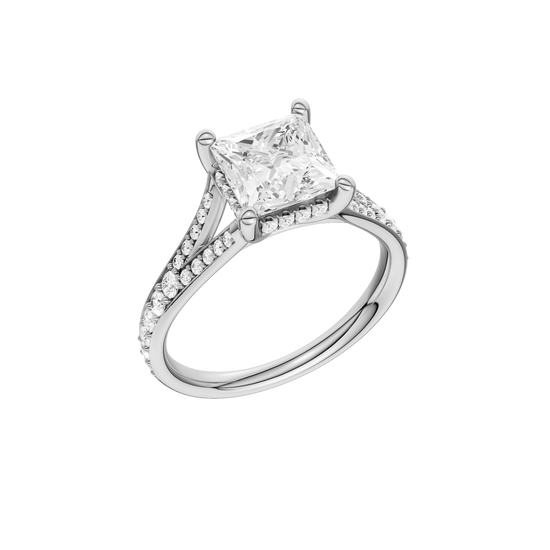 A three-quarter view of the Princess cut diamond engagement ring in 14k white gold with a diamond channel band and split setting