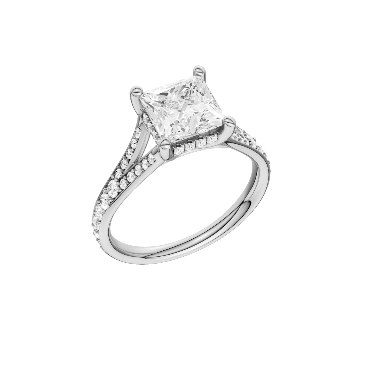 A three-quarter view of the Princess cut diamond engagement ring in 14k white gold with a diamond channel band and split setting