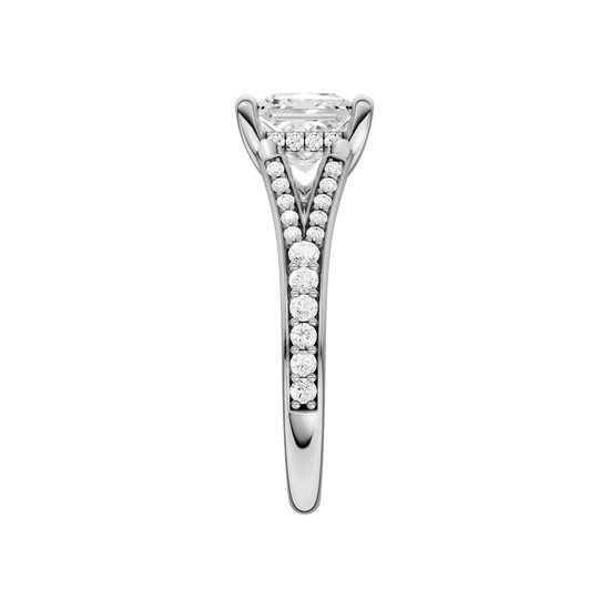 A side view of the Princess cut diamond engagement ring in platinum with a diamond channel band and split setting