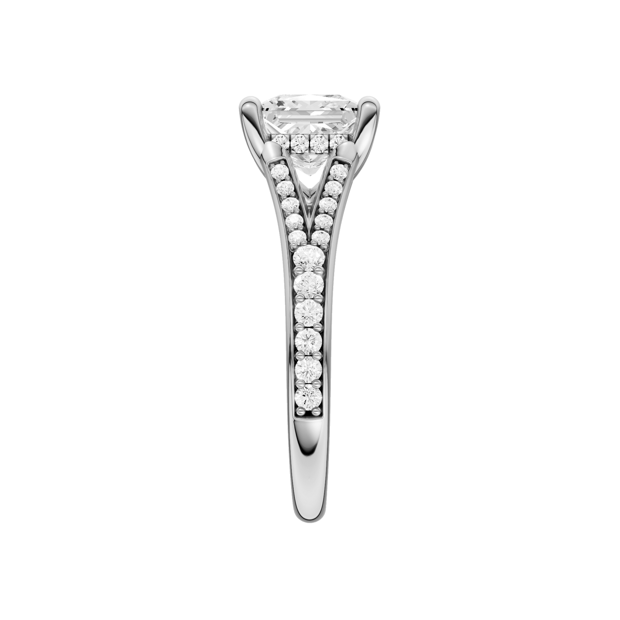A side view of the Princess cut diamond engagement ring in platinum with a diamond channel band and split setting