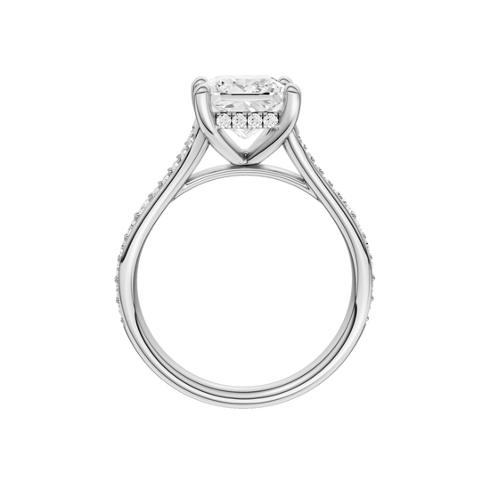 A profile view of the Princess cut diamond engagement ring in 14k white gold with a diamond channel band and split setting