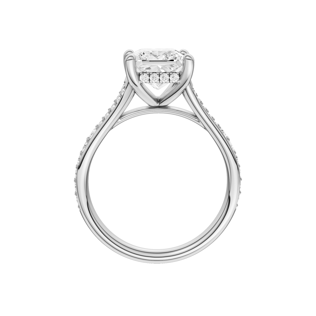 A profile view of the Princess cut diamond engagement ring in platinum with a diamond channel band and split setting