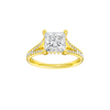 A front view of the Princess cut diamond engagement ring in 14k yellow gold with a diamond channel band and split setting