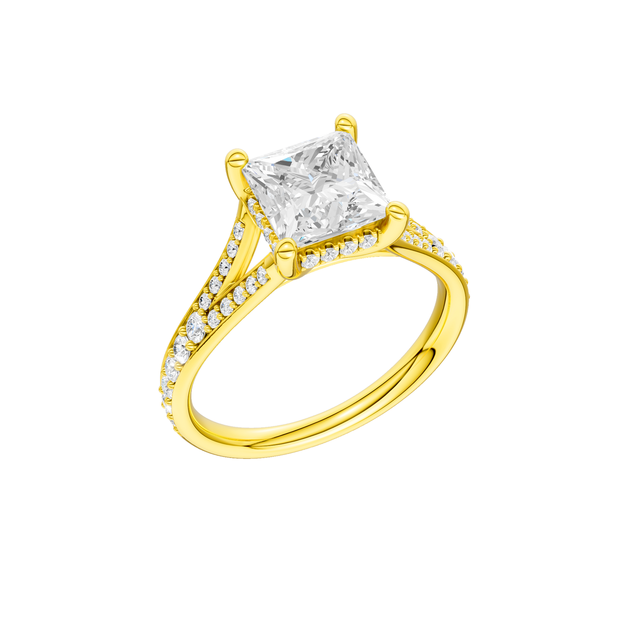 A three-quarter view of the Princess cut diamond engagement ring in 14k yellow gold with a diamond channel band and split setting