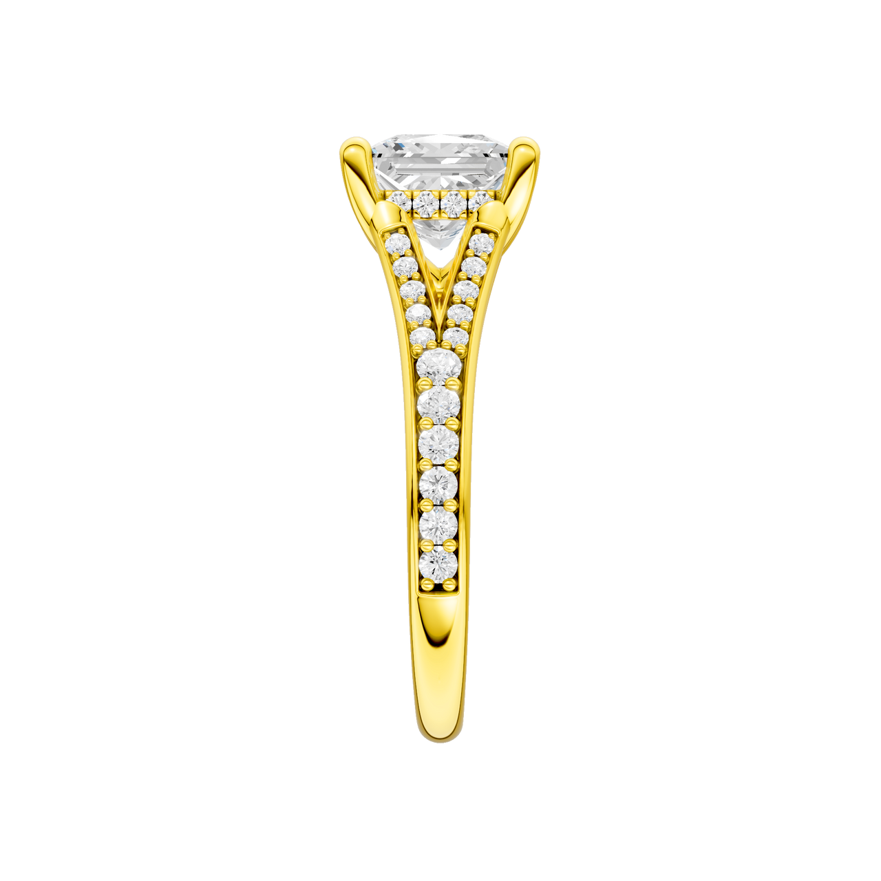 A side view of the Princess cut diamond engagement ring in 14k yellow gold with a diamond channel band and split setting
