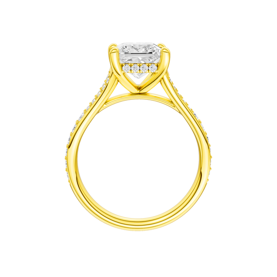 A profile view of the Princess cut diamond engagement ring in 14k yellow gold with a diamond channel band and split setting