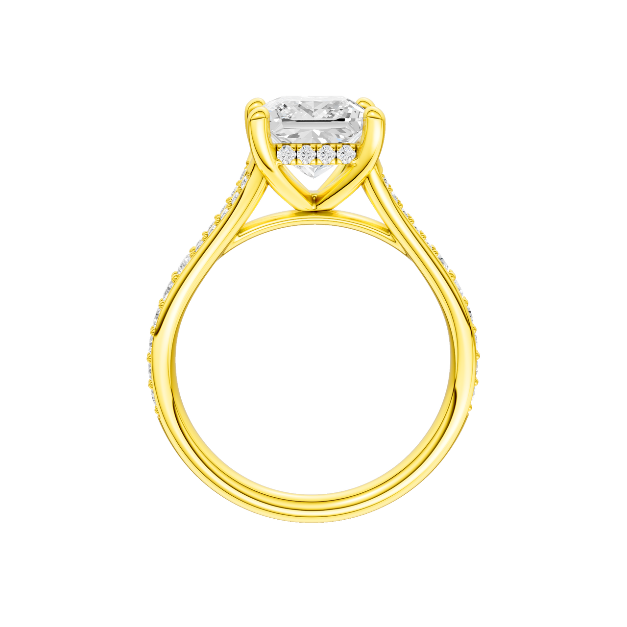 A profile view of the Princess cut diamond engagement ring in 14k yellow gold with a diamond channel band and split setting