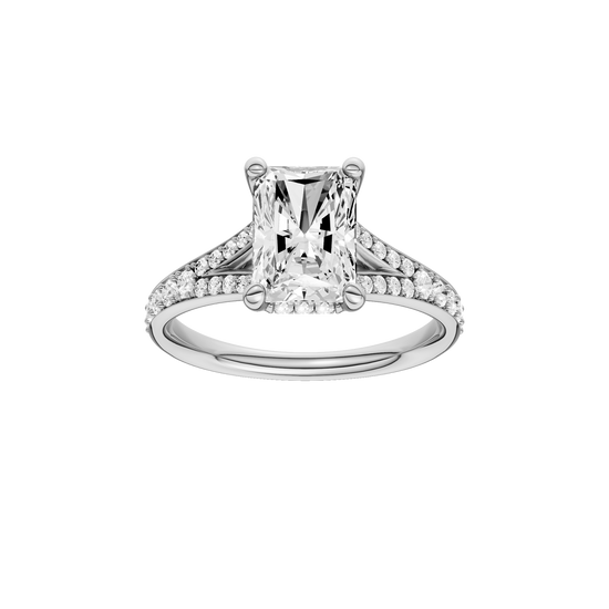 A front view of the Radiant cut diamond engagement ring in 14k white gold with a diamond channel band and split setting