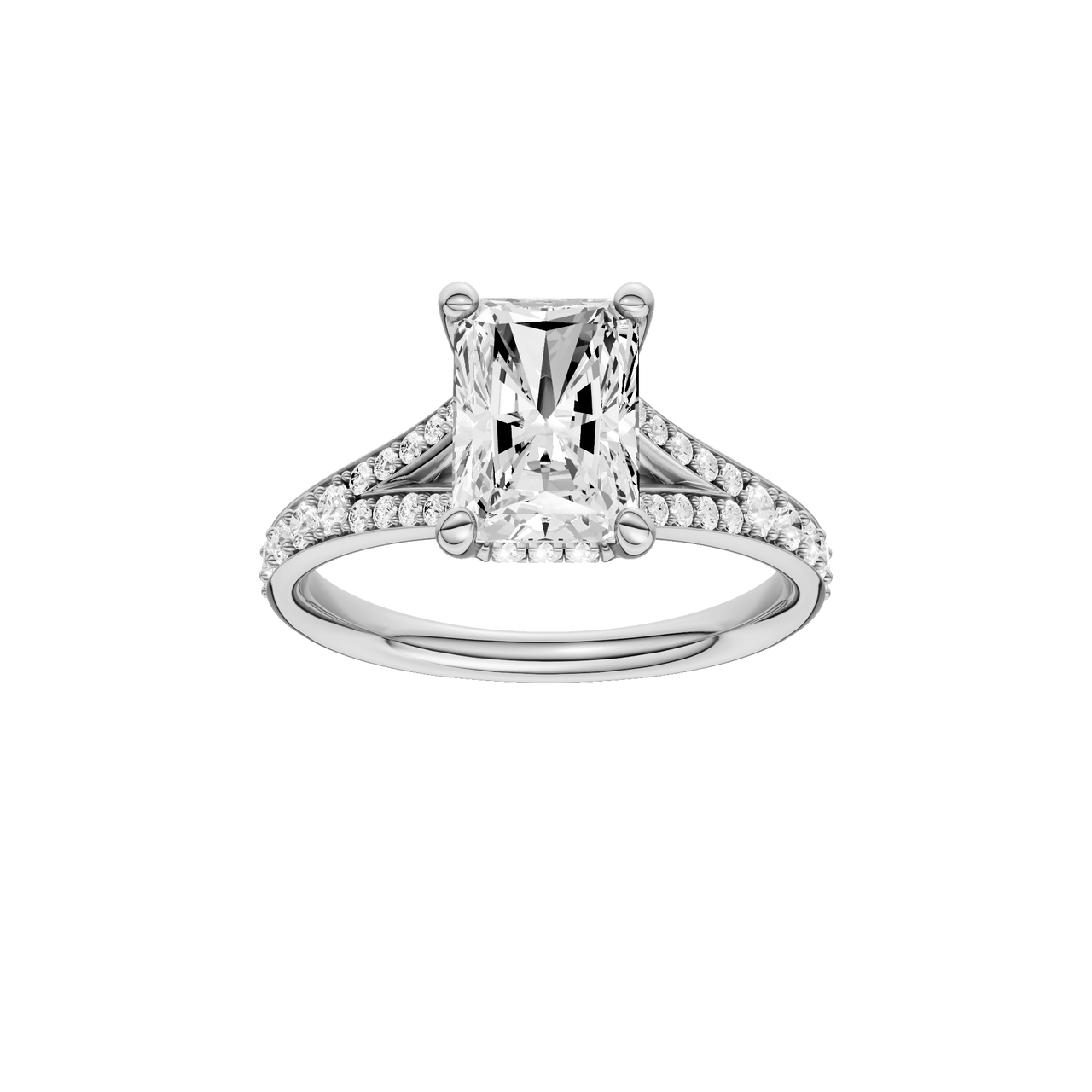 A front view of the Radiant cut diamond engagement ring in 14k white gold with a diamond channel band and split setting