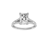 A front view of the Radiant cut diamond engagement ring in platinum with a diamond channel band and split setting