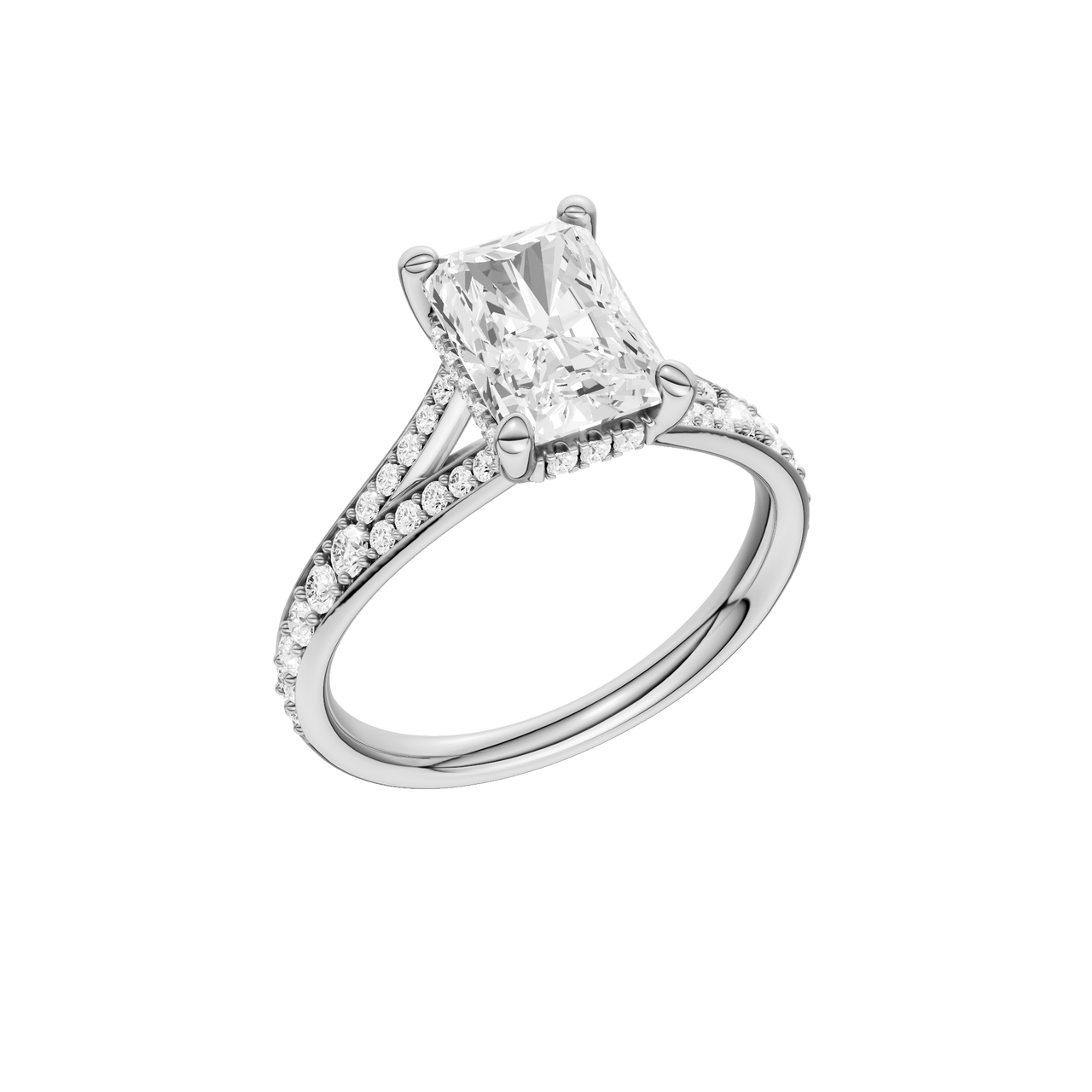 A three-quarter view of the Radiant cut diamond engagement ring in platinum with a diamond channel band and split setting