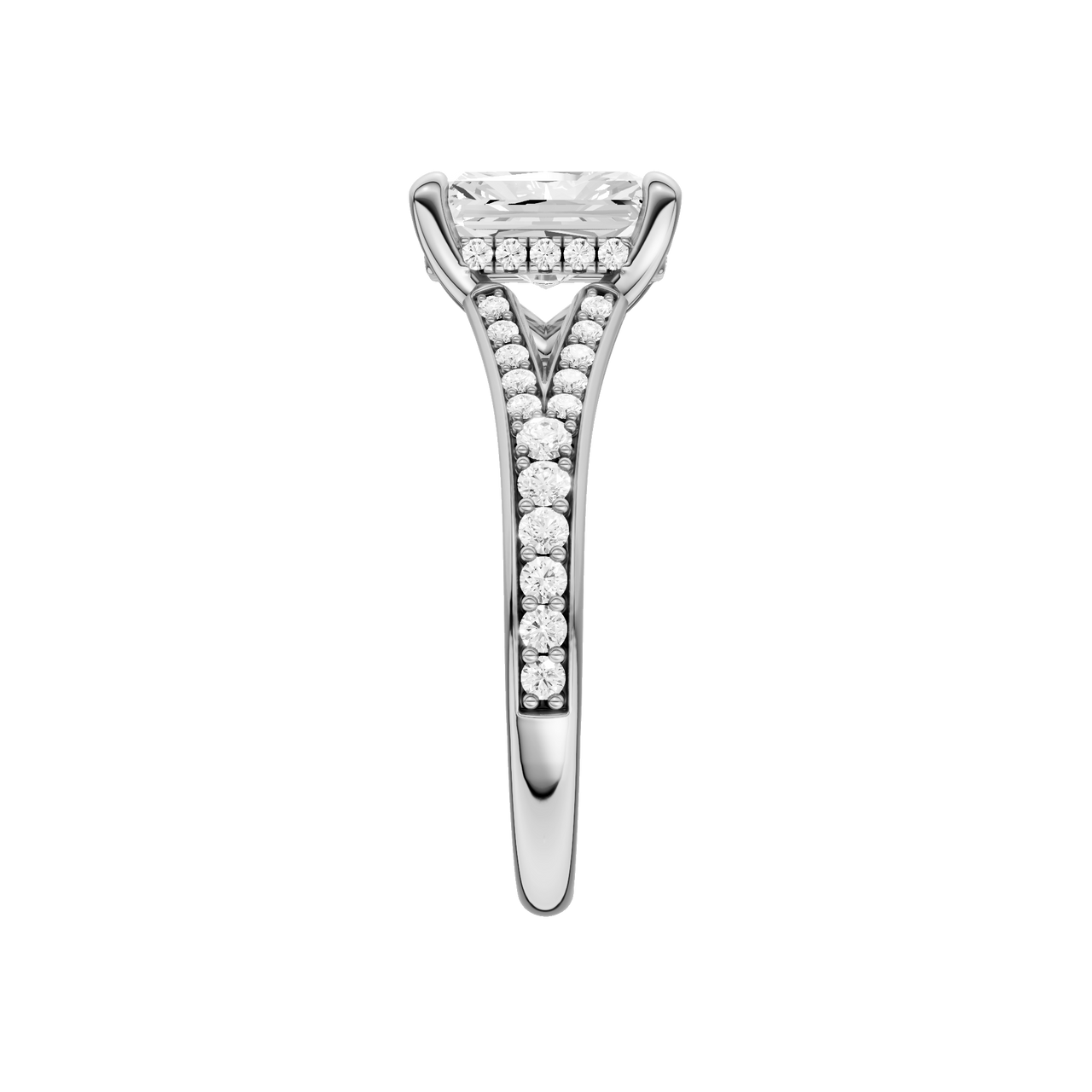 A side view of the Radiant cut diamond engagement ring in platinum with a diamond channel band and split setting
