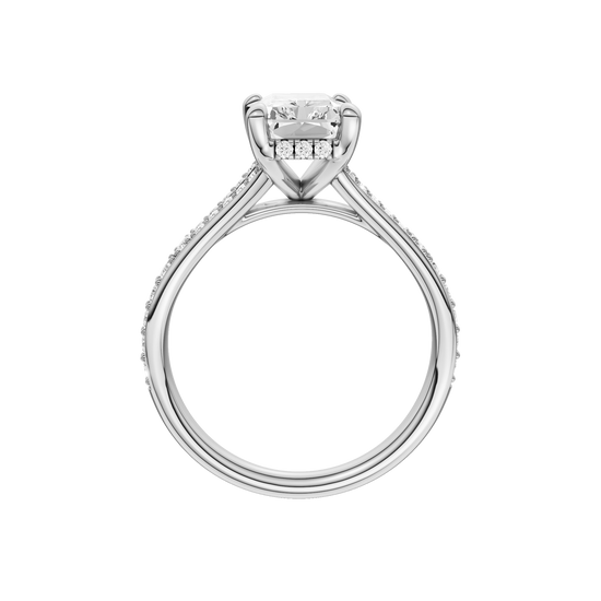 A profile view of the Radiant cut diamond engagement ring in 14k white gold with a diamond channel band and split setting