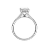 A profile view of the Radiant cut diamond engagement ring in platinum with a diamond channel band and split setting