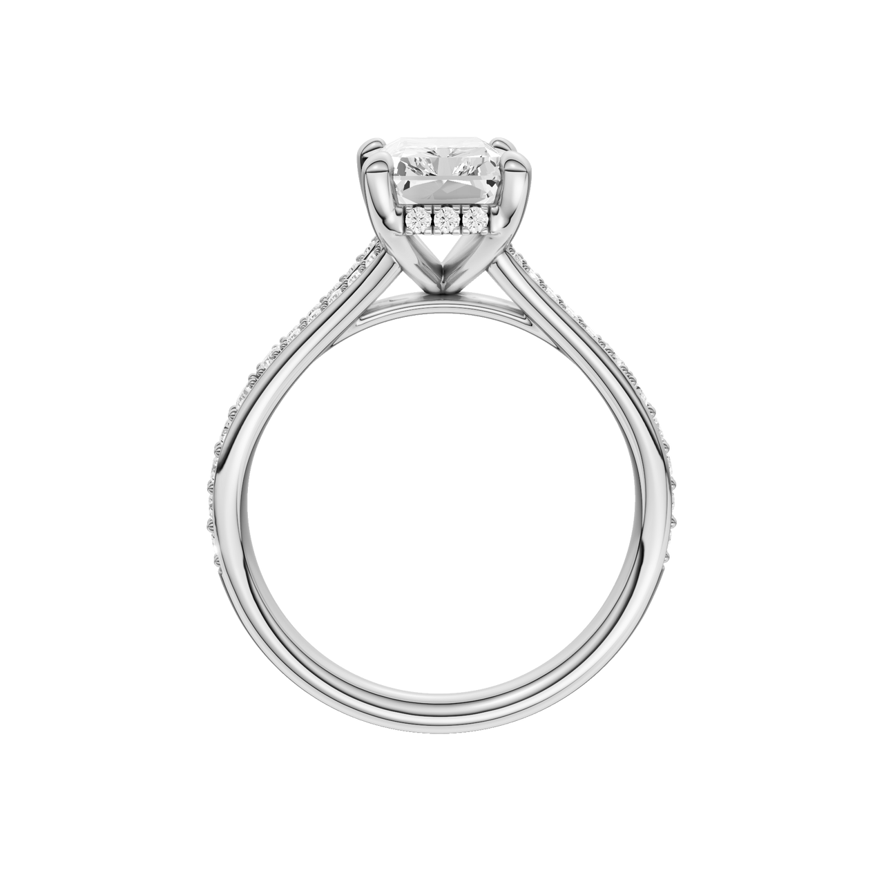 A profile view of the Radiant cut diamond engagement ring in platinum with a diamond channel band and split setting
