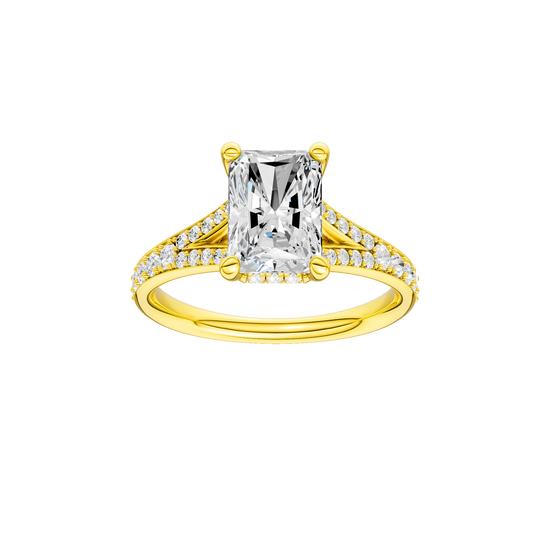 A front view of the Radiant cut diamond engagement ring in 14k white gold with a diamond channel band and split setting