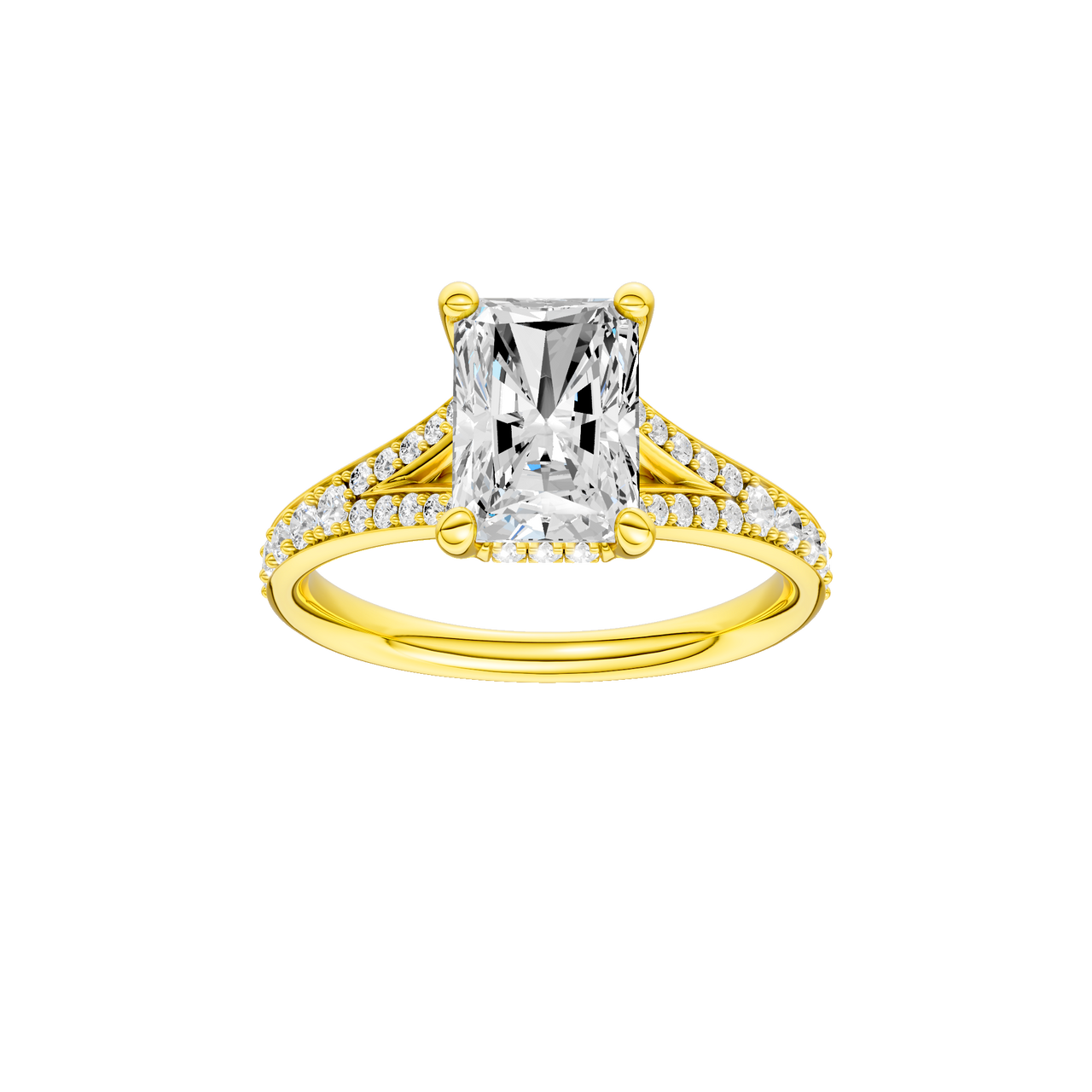 A front view of the Radiant cut diamond engagement ring in 14k white gold with a diamond channel band and split setting