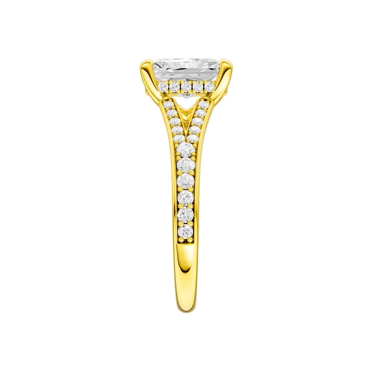 A side view of the Radiant cut diamond engagement ring in 14k white gold with a diamond channel band and split setting