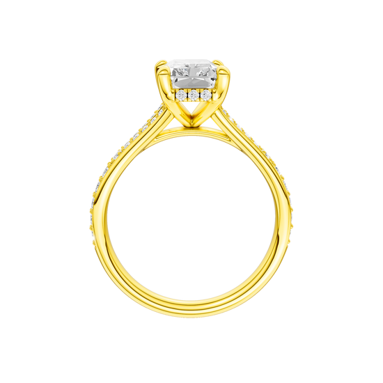 A profile view of the Radiant cut diamond engagement ring in 14k white gold with a diamond channel band and split setting
