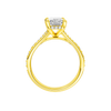 A profile view of the Radiant cut diamond engagement ring in 14k white gold with a diamond channel band and split setting